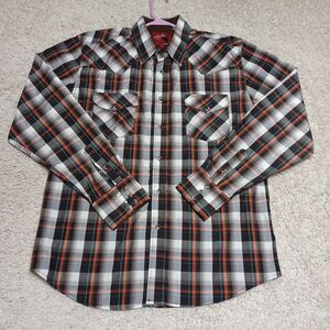 Rodeo Clothing Co. Western Shirt Men's Large Orange Black Plaid Pearl Snap
